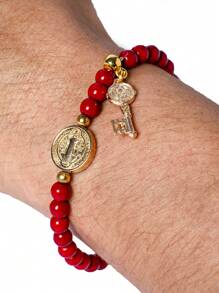 PULSERA SN BENITO CUENTAS ROJAS DIJE Y LLAVE - Rojo - Ver 2