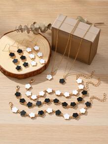 4pcs Color Elegant Sweet Lucky Flower Pendant Earrings, Bracelet, Necklace Jewelry Set, Suitable For Valentine's Day, Friends And Family, Daily Wear For Women,Mom,Mother,Mother's Day,Gift