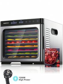 Déshydrateur alimentaire en acier inoxydable avec commande numérique 1000 W, déshydrateur alimentaire avec 9 grilles de rangement en acier inoxydable, grande surface 0,8 m², température : 35-75 °C - Prise de type UE C (220-240 V) - Voir 9