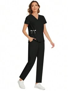 cimmuovere 2pcs Women Solid Color Pocket V-Neck Short Sleeve Top & Pants Scrub Uniform Suit