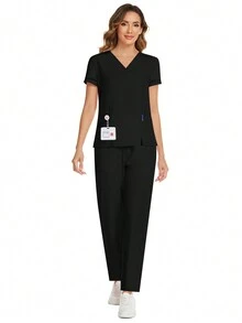cimmuovere 2pcs Women Solid Color Pocket V-Neck Short Sleeve Top & Pants Scrub Uniform Suit