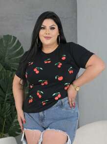 Women's Cherry Print T-Shirt - màu đen - Xem 3