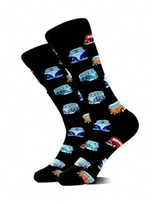 1 Pair Men's Versatile Comfortable Solid Black Car Pattern Crew Socks, Fall - Multicolor - View 1