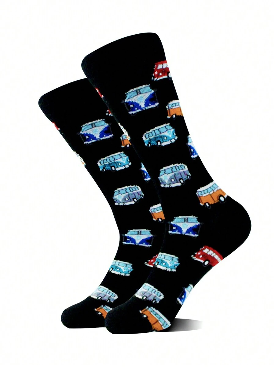 1 Pair Men's Versatile Comfortable Solid Black Car Pattern Crew Socks, Fall - Multicolor - View 1
