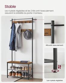 VASAGLE Porte-Manteau avec Étagère à Chaussures, Meuble d'Entrée avec Banc, 3-en-1, Cadre en Acier, pour Entrée, Couloir, 32 x 70 x 177 cm, Style Industriel, Couleur Chêne et Crème/ Grège et Noir/ Marron Châtaigne et Noir/ Marron Rustique et Noir - Tabac - Voir 7