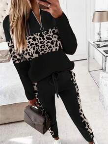 Plus Size Women Leopard Print Patchwork Long Sleeve Half Zip-Up Sweatshirt And Form-Fitting Pants Set, Fashionable European Style, Autumn/Winter - Black - View 1