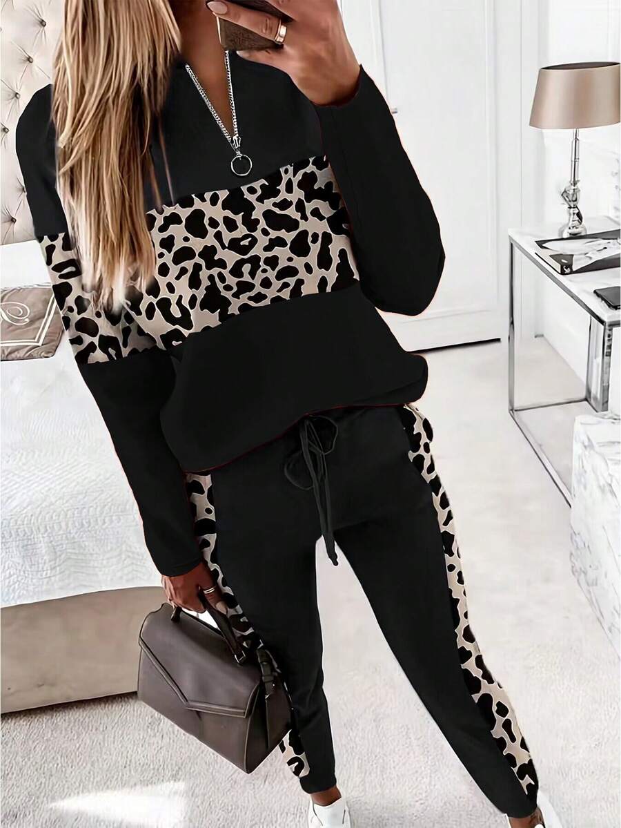 Plus Size Women Leopard Print Patchwork Long Sleeve Half Zip-Up Sweatshirt And Form-Fitting Pants Set, Fashionable European Style, Autumn/Winter - Black - View 1