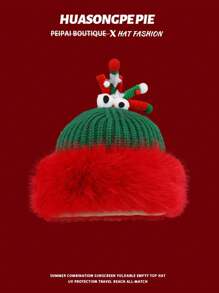 1pc Plush Reindeer Horn Christmas Hat, Warm Knitted Beanie Unisex - Multicolor - View 16