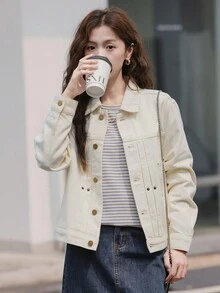 复古少女休闲牛仔夹克，翻领，长袖，常规款式，高品质，小巧女士牛仔夹克，春季