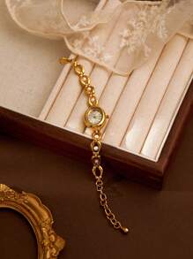 1pc Women's Gold French Retro Pearl Design Casual Watch, Suitable For Social Gatherings, Party Attendance, Daily Wear, Holiday Gift