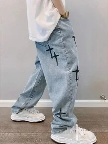 Men's Fashion Loose Straight Cross Star Print Casual Jeans - 淺色水洗藍 - 查看 4