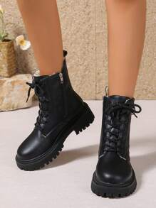 2025 Autunno/Inverno Nuove scarpe da donna, Stivali da donna caldi, Scarpe casual versatili alla moda per donna, Stivaletti in pelle, Stivaletti neri con lacci e cerniera laterale, Stivali classici - nero - Visualizzare 2