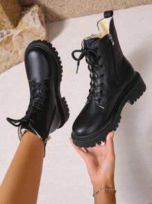 2025 Autunno/Inverno Nuove scarpe da donna, Stivali da donna caldi, Scarpe casual versatili alla moda per donna, Stivaletti in pelle, Stivaletti neri con lacci e cerniera laterale, Stivali classici - nero - Visualizzare 3