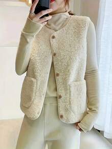 Women Retro Faux Shearling Vest, Colorblock Sleeveless Jacket, Autumn/Winter - Apricot - View 3