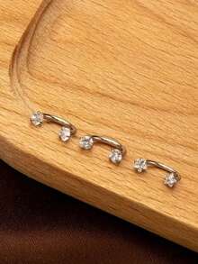 Bộ 3 khuyên mũi và hoa tai bằng thép không gỉ, thiết kế hình trái tim và ngôi sao bằng đá Cubic Zirconia, phù hợp cho trang sức xỏ khuyên mũi của phụ nữ, tối giản gợi cảm, không mạ, đeo hàng ngày - Bạc - Xem 2