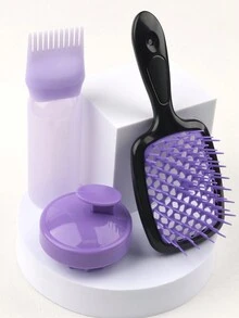 3件套头皮按摩梳套装，包含洗发水瓶、梳齿染发剂瓶、柔软硅胶头部按摩器、网状镂空梳，防静电，弹性按摩，促进血液循环，浴室用品，干湿两用 - 彩色 - 查看 11