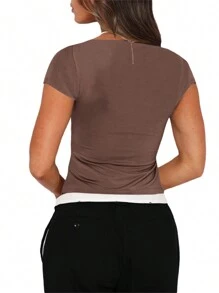 Women T-Shirt, Low-Cut Short Sleeve Pleated Solid Slim Fit Summer Tops For Casual Daily - 棕色 - 查看 10