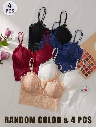 DORSU 4 st/set slumpmässigt färgade sexiga spetsunderkläder, med vadderade kupor, utan bygel, anti-blinklar, bandeau-modell, rynkad design, linne