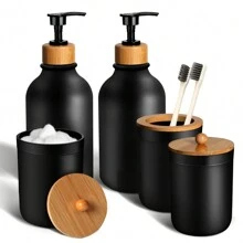 5 Pcs Black Bathroom Accessories Set With Plastic Soap Dispenser And Toothbrush Holder Set, Qtip & Cotton Ball Holder, Black Bathroom Set, Boho Bathroom Decor Bathroom Organizer Storage Back To School