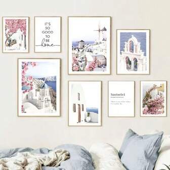 1 st väggkonstposters ramlösa santorini vår kustblomma kuststad nordisk väggkonst kanvasmålning affischer och tryck bilder för vardagsrumsinredning resor
