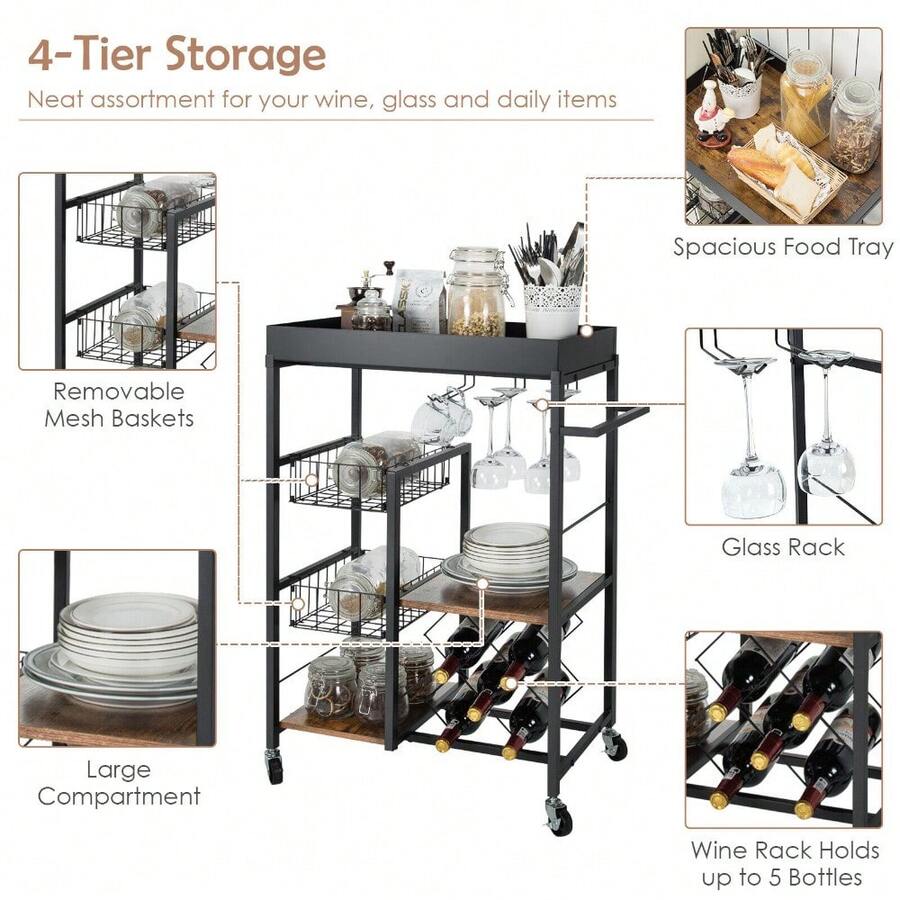 4Tier Kitchen Bar Cart Rolling Serving Trolley Wine Rack Removable
