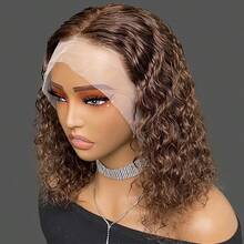 棕色卷发鲍勃假发真人发 13x4 水波前蕾丝假发真人发 150% 密度巧克力色假发女士 - S4 - 查看 4