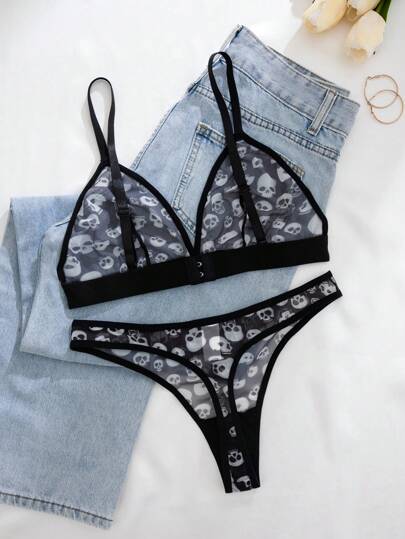 1pc Woman Solid Skull Graphic Com Tafel Intimate Set BH Slipje Sets Two Pieces Women Set, Lingerie view 6