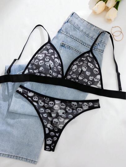 1pc Woman Solid Skull Graphic Com Tafel Intimate Set BH Slipje Sets Two Pieces Women Set, Lingerie view 4