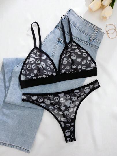 1pc Woman Solid Skull Graphic Com Tafel Intimate Set BH Slipje Sets Two Pieces Women Set, Lingerie view 5