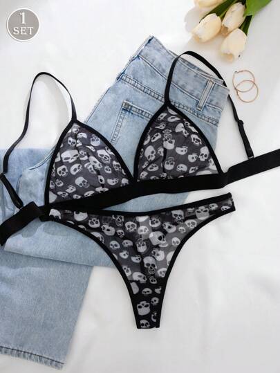 1pc Woman Solid Skull Graphic Com Tafel Intimate Set BH Slipje Sets Two Pieces Women Set, Lingerie