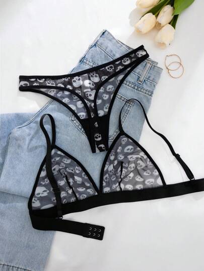 1pc Woman Solid Skull Graphic Com Tafel Intimate Set BH Slipje Sets Two Pieces Women Set, Lingerie view 2