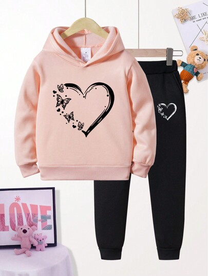 2 pièces/Set Jeune fille motif cœur Sweats à capuche et pantalons de survêtement