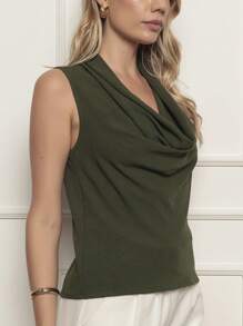 Women's Blouse, Elegant, Loose, Boba Collar, Social Tank Top - Duna - Moss Green - View 2