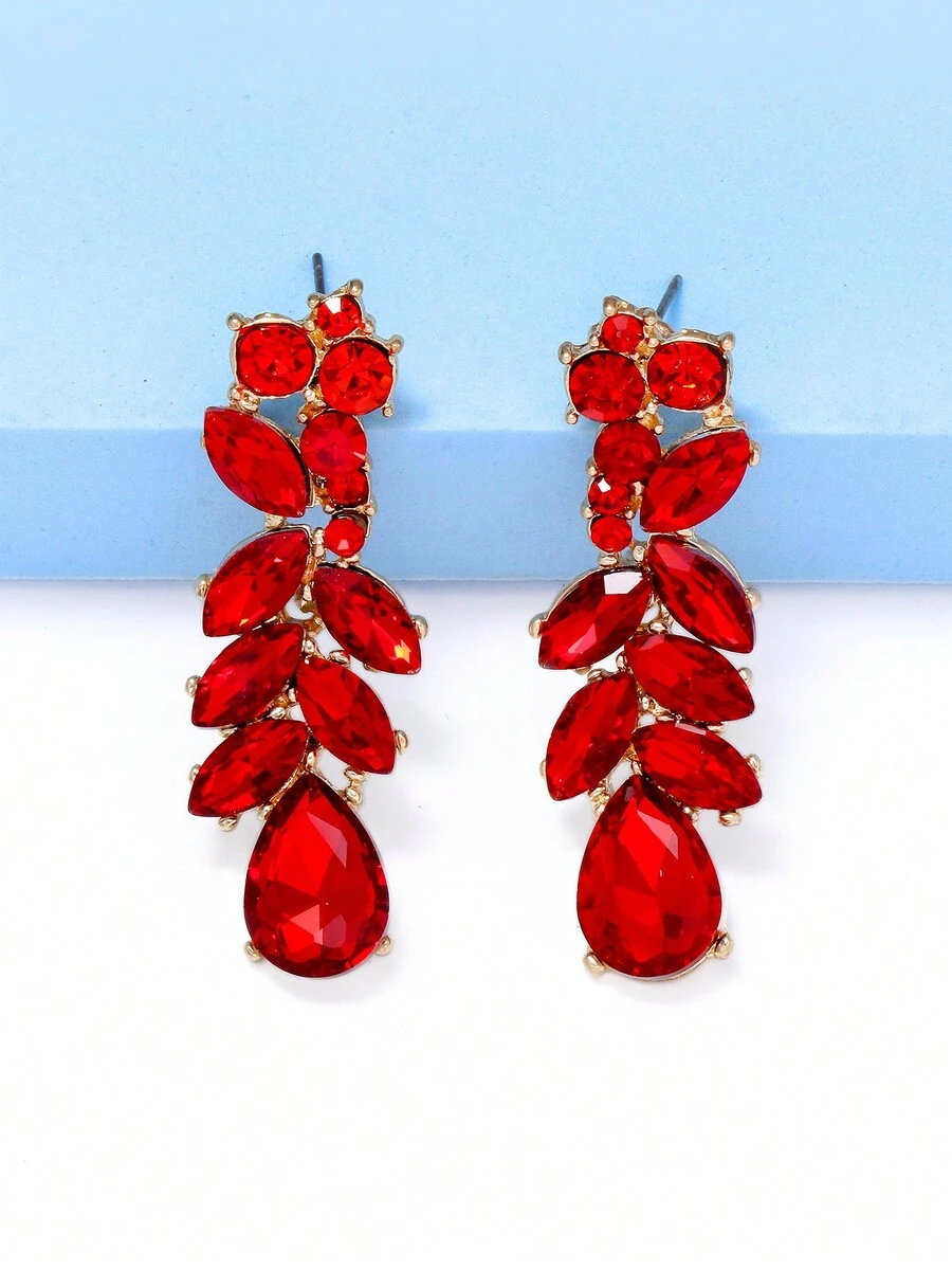 juran 1 对玻璃水晶水钻吊坠耳环女士，奢华珠宝约会礼物 - 紅色 - 查看 1