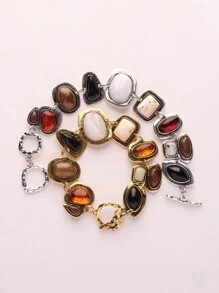 1Pc Funky Jewelry New ZA Bohemian Vintage Bracelets Women Fashion Golden Metal Hollow Link Charm Resin Statement Bracelets ﻿(Random Resin Color) - Multicolor - View 1