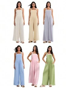 Womens Summer Solid Bib Pants Overalls Loose Baggy Wide Leg Long Pants Beach Jumpsuits Rompers For Women With Pockets
