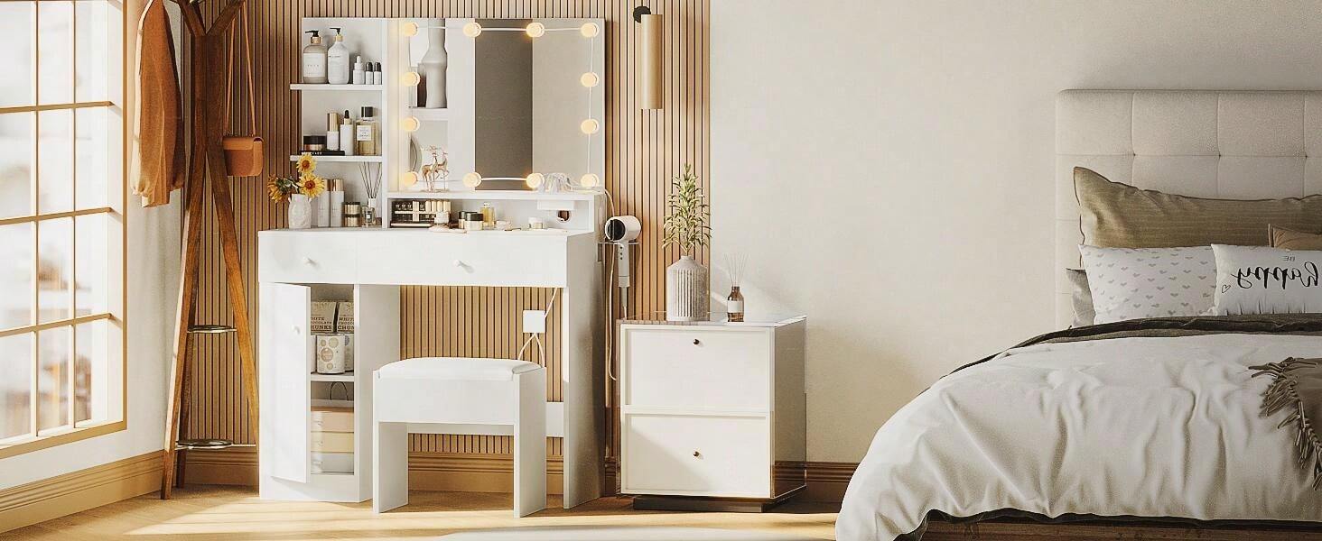 Vanity Desk With LED Lighted Mirror & Power Outlet, Makeup Vanity Set