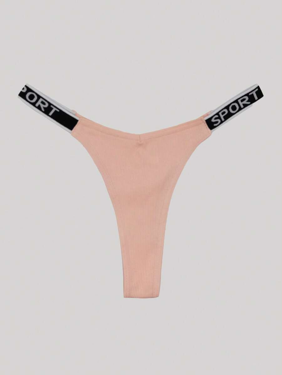 6pcs/Pack Women's Sexy Letter Waistband Solid LowRise VNeck Thong