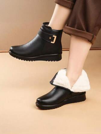 Perfect With Sweater,Ankle Boots With Fur Lining, Anti-Skid Mother Shoes, Flat Mid-Heel Short Shaft Warm Winter Boots, Black