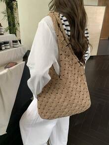 女士时尚针织手提包秋冬新款钩针包厚针织拼色别致单肩手提包适合日常使用购物旅行礼物 - 卡其色 - 查看 3