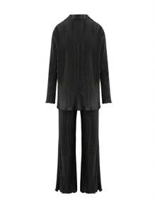 Womens Casual 2 Piece Outfits, Long Sleeve Button Down Pleated Shirt + Pants Set - Negro - Ver 10
