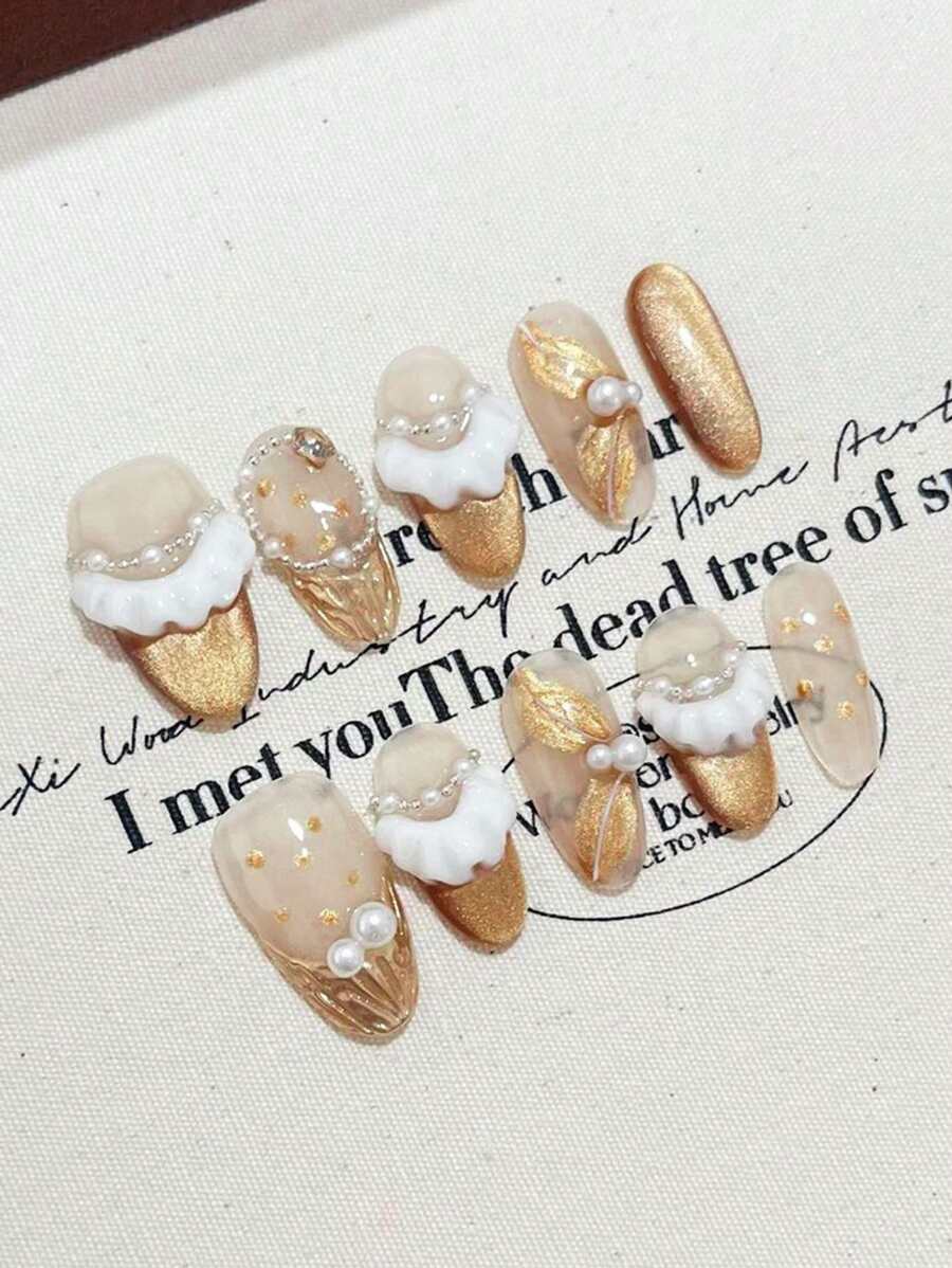 10Pcs Sweet Elegant Handpainted Golden Leaf 3D Pearl Nail Polish Strips, Christmas Gift Press On Nails Nail Supplies Nails