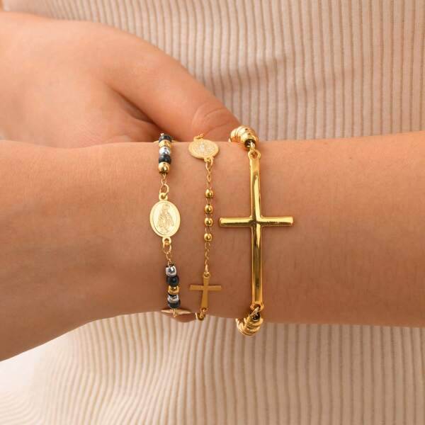1pc Fashion Religious Accessory Stainless Steel Cross Beaded Virgin Mary Tag Gold Bracelet For Women, Holiday Wear