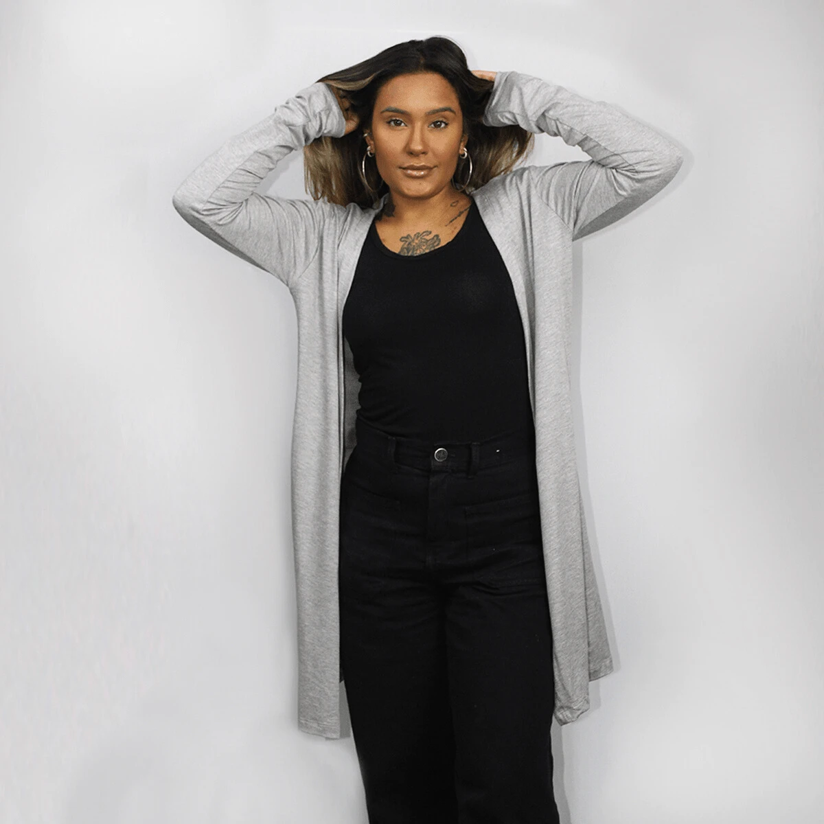 Women's Viscolycra Cardigan Plain Coat - 灰色 - 查看 1