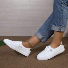 秋冬新款女士时尚简约白色圆头系带金色后跟轻便舒适一脚蹬休闲平底运动鞋 - 白色 - 查看 5