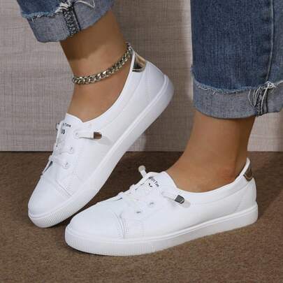 Nuove sneaker casual da donna semplici e alla moda per l'autunno/inverno, con punta tonda bianca, chiusura a laccio, tallone dorato, leggere e confortevoli