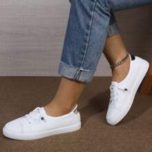 秋冬新款女士时尚简约白色圆头系带金色后跟轻便舒适一脚蹬休闲平底运动鞋 - 白色 - 查看 3