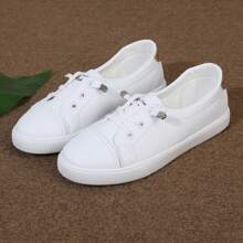 秋冬新款女士时尚简约白色圆头系带金色后跟轻便舒适一脚蹬休闲平底运动鞋 - 白色 - 查看 6