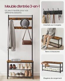 VASAGLE Porte-Manteau avec Étagère à Chaussures, Meuble d'Entrée avec Banc, 3-en-1, Cadre en Acier, pour Entrée, Couloir, 32 x 70 x 177 cm, Style Industriel, Couleur Chêne et Crème/ Grège et Noir/ Marron Châtaigne et Noir/ Marron Rustique et Noir - Tabac - Voir 5