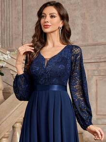 MIUSOL Elegant Floral Lace Deep V-Neck Lantern Sleeve Pleated Hem Evening Party Long Dress Wedding Spring - Navy Blue - View 8